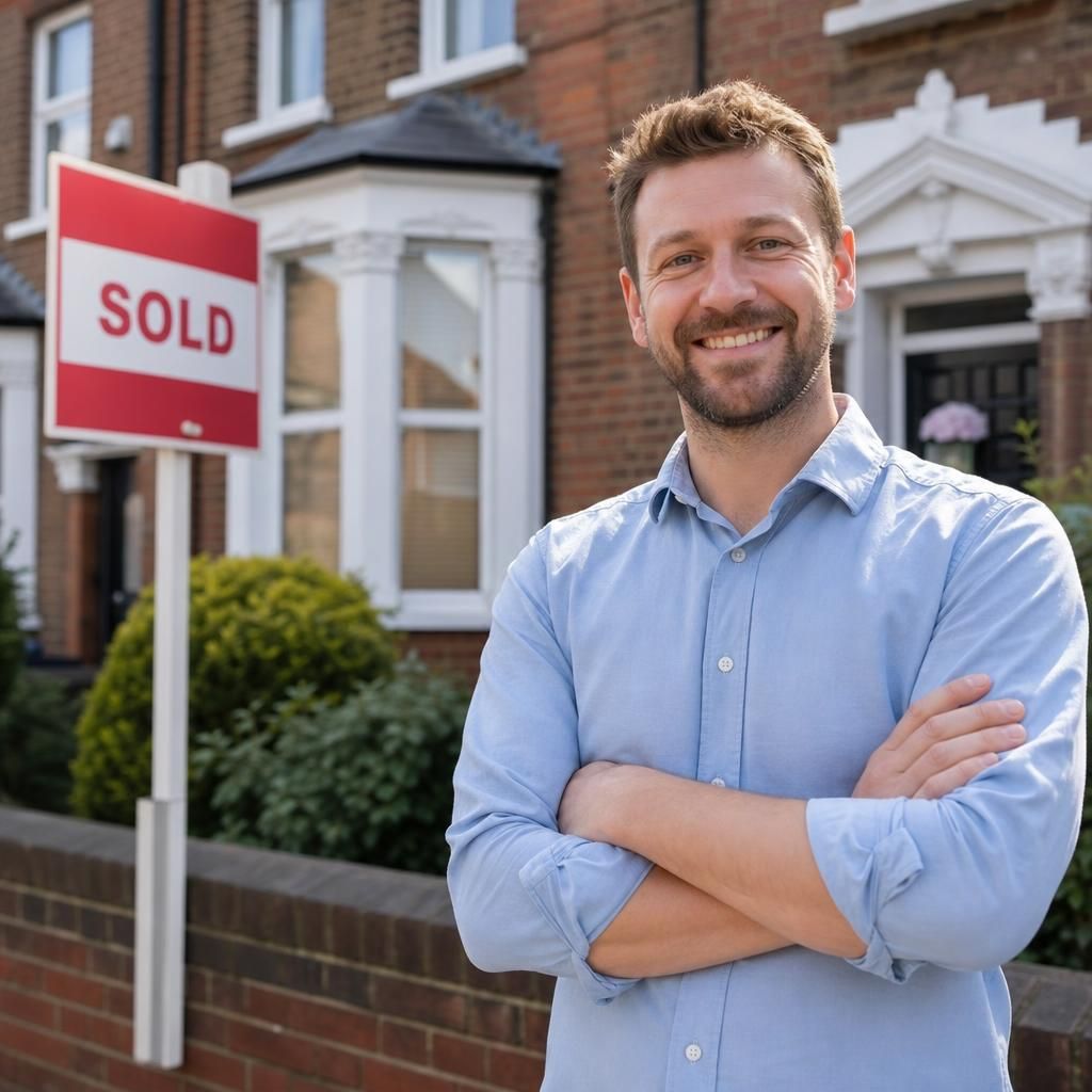 Satisfied homeowner in front of sold property