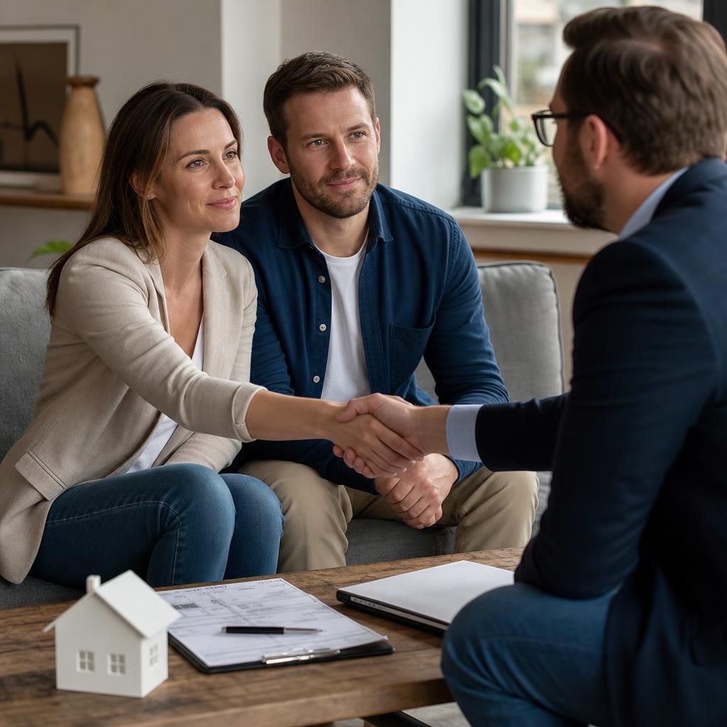 Couple shaking hands with a buyer