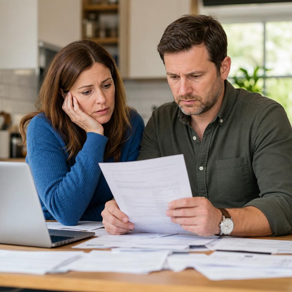 Family sitting together relieved after avoiding repossession