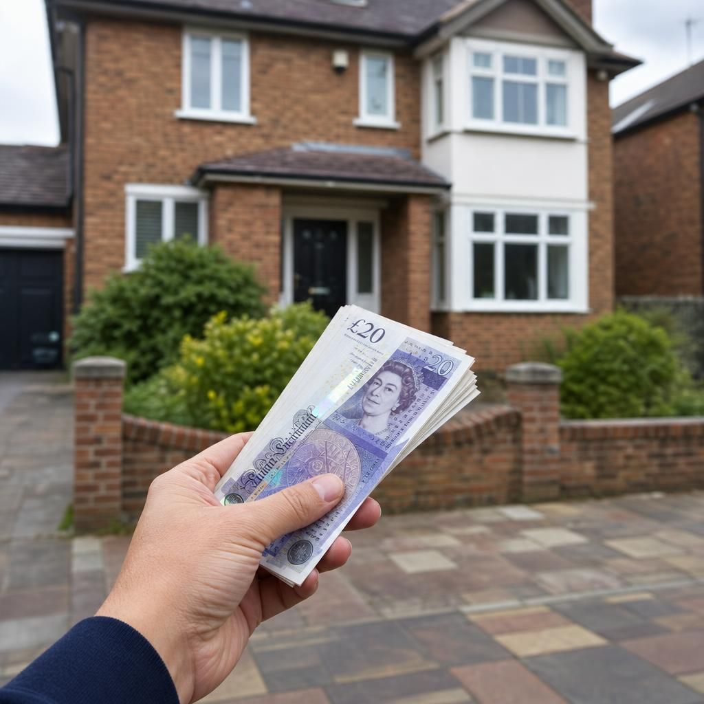 A person holding a stack of cash in front of a house