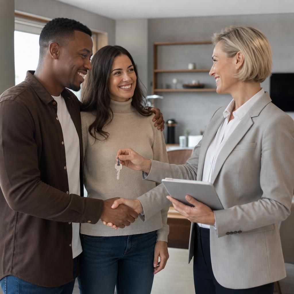 A diverse group of people in a friendly handshake with a house key