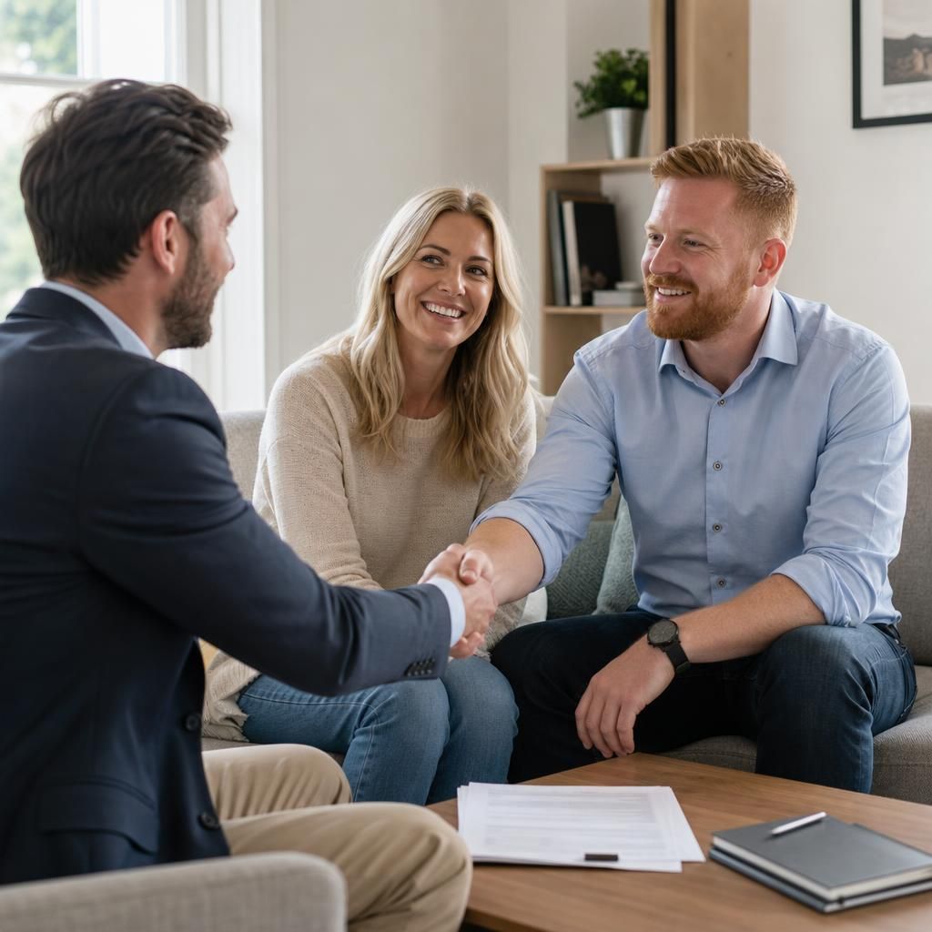 Couple shaking hands with SellMyPropertyFast representative