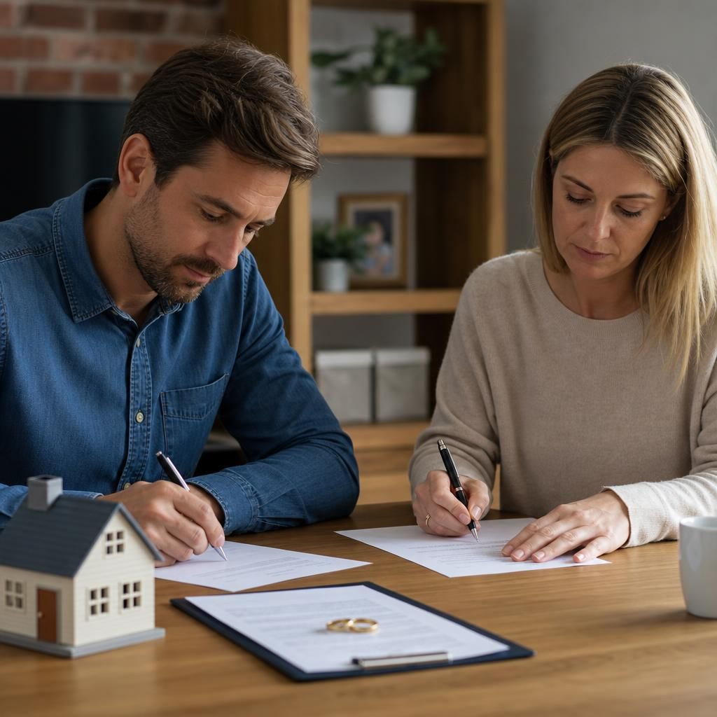 Couple signing divorce papers with sold property image
