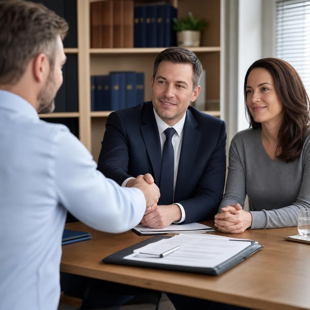 Couple shaking hands with a property solicitor