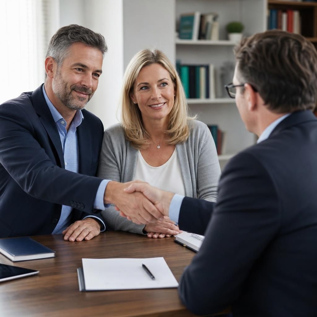Happy clients signing property sale agreement