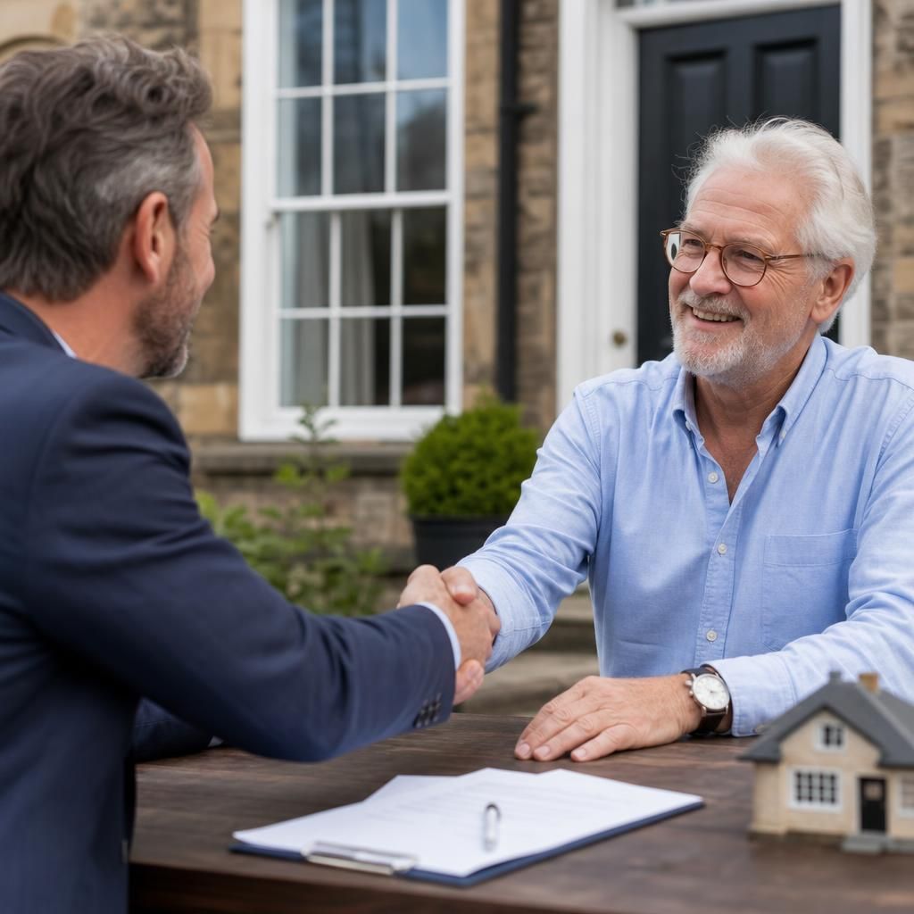 Happy couple standing in front of their sold house