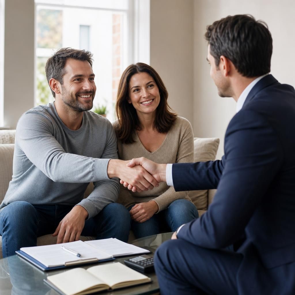 Happy couple shaking hands with a realtor