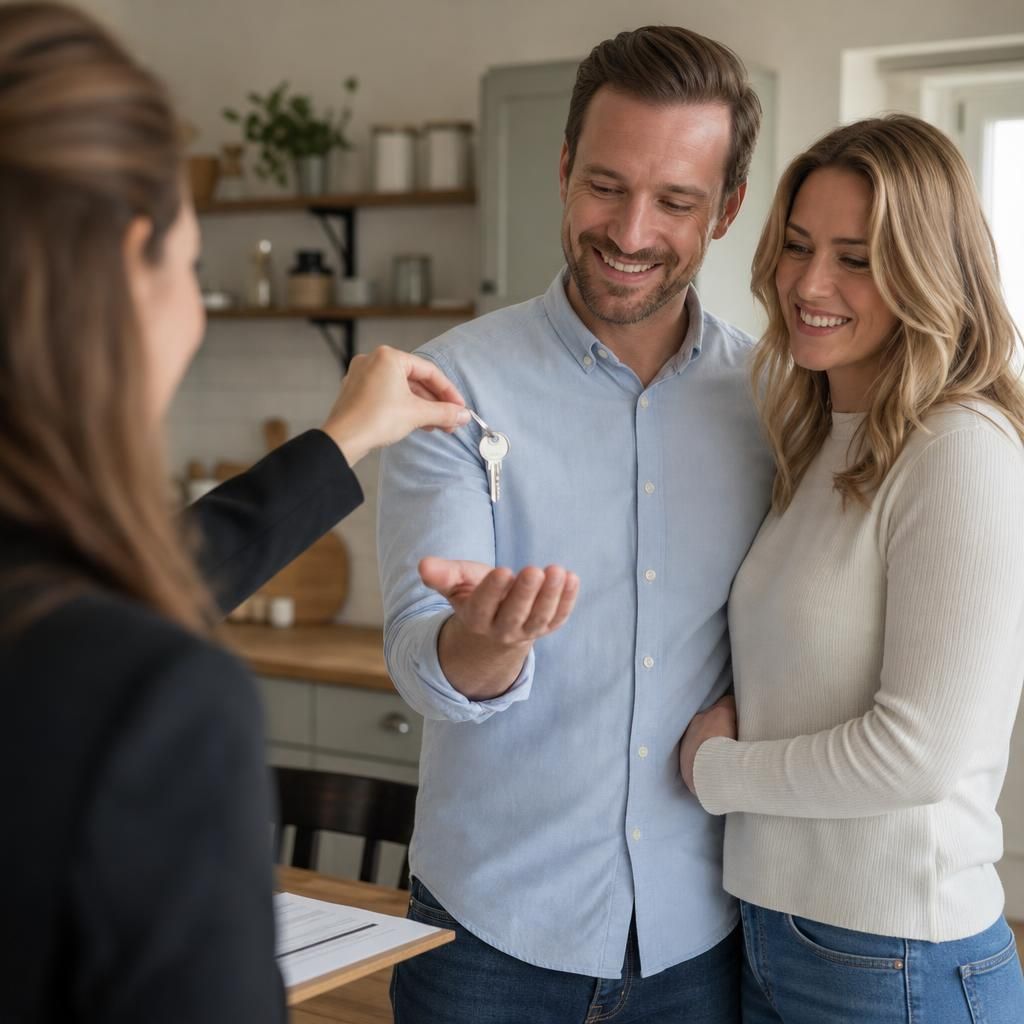 A smiling homeowner handing over keys