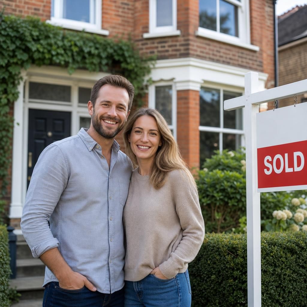 Satisfied homeowner holding sold sign