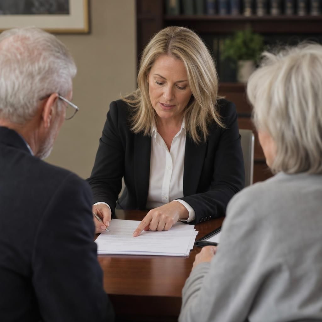 Solicitor reviewing a legal document in an office setting