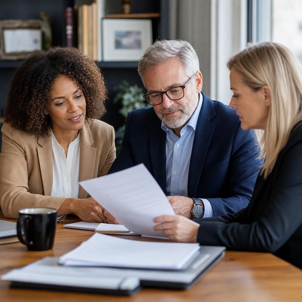 A diverse team of probate experts discussing property documents