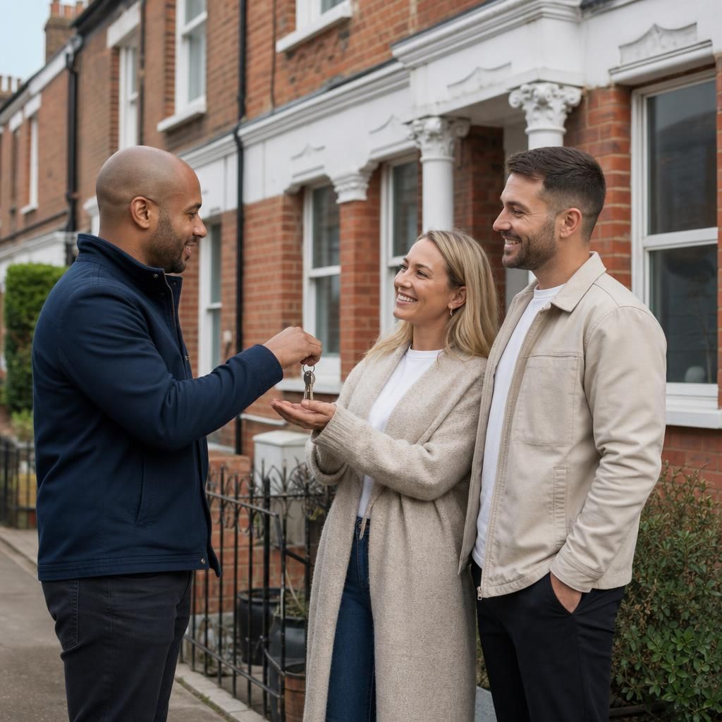 A property buyer standing outside a house with a 'Sold' sign